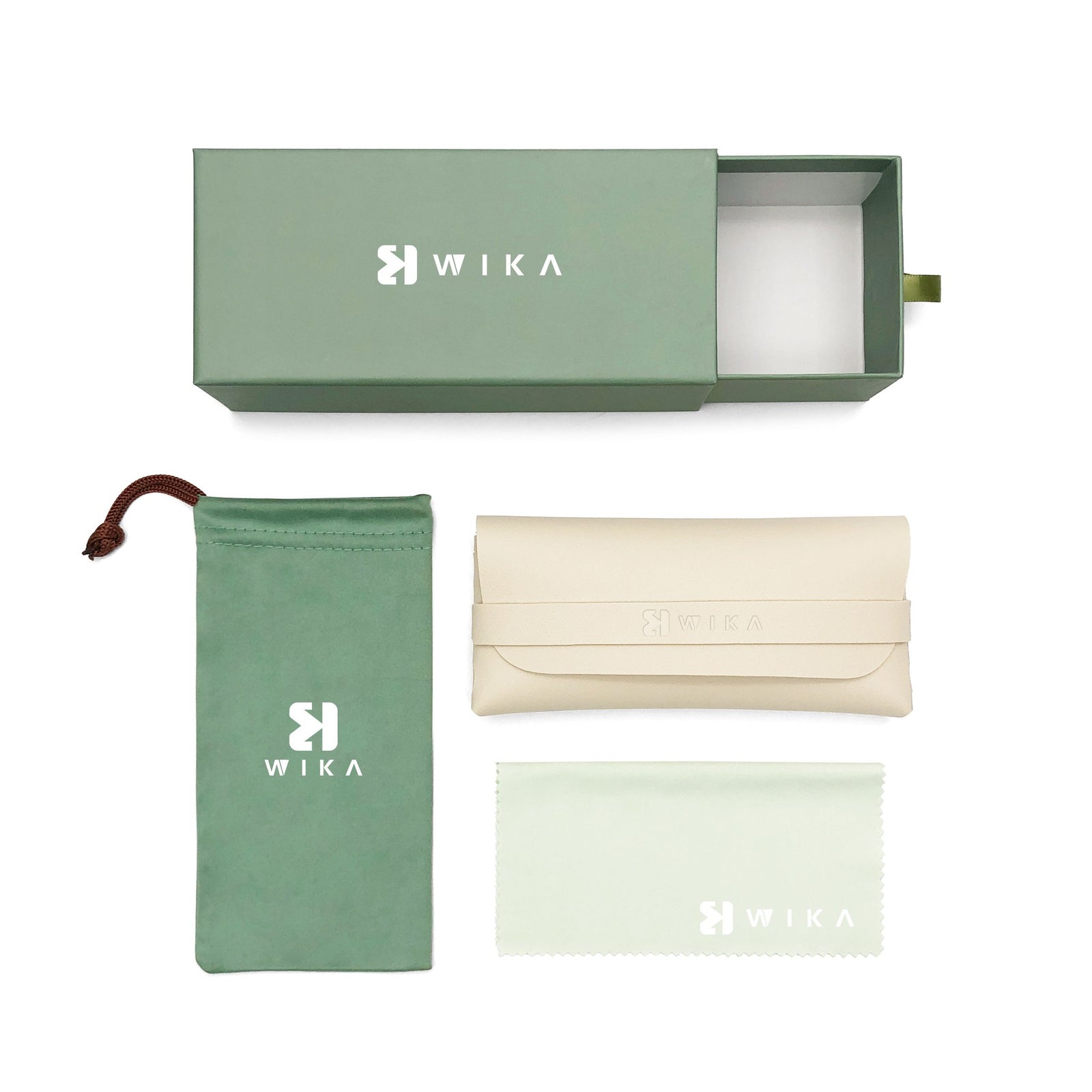 Custom Sage Green Soft Pouch Eyewear Packaging Set | Image 2 | WIKA Packing