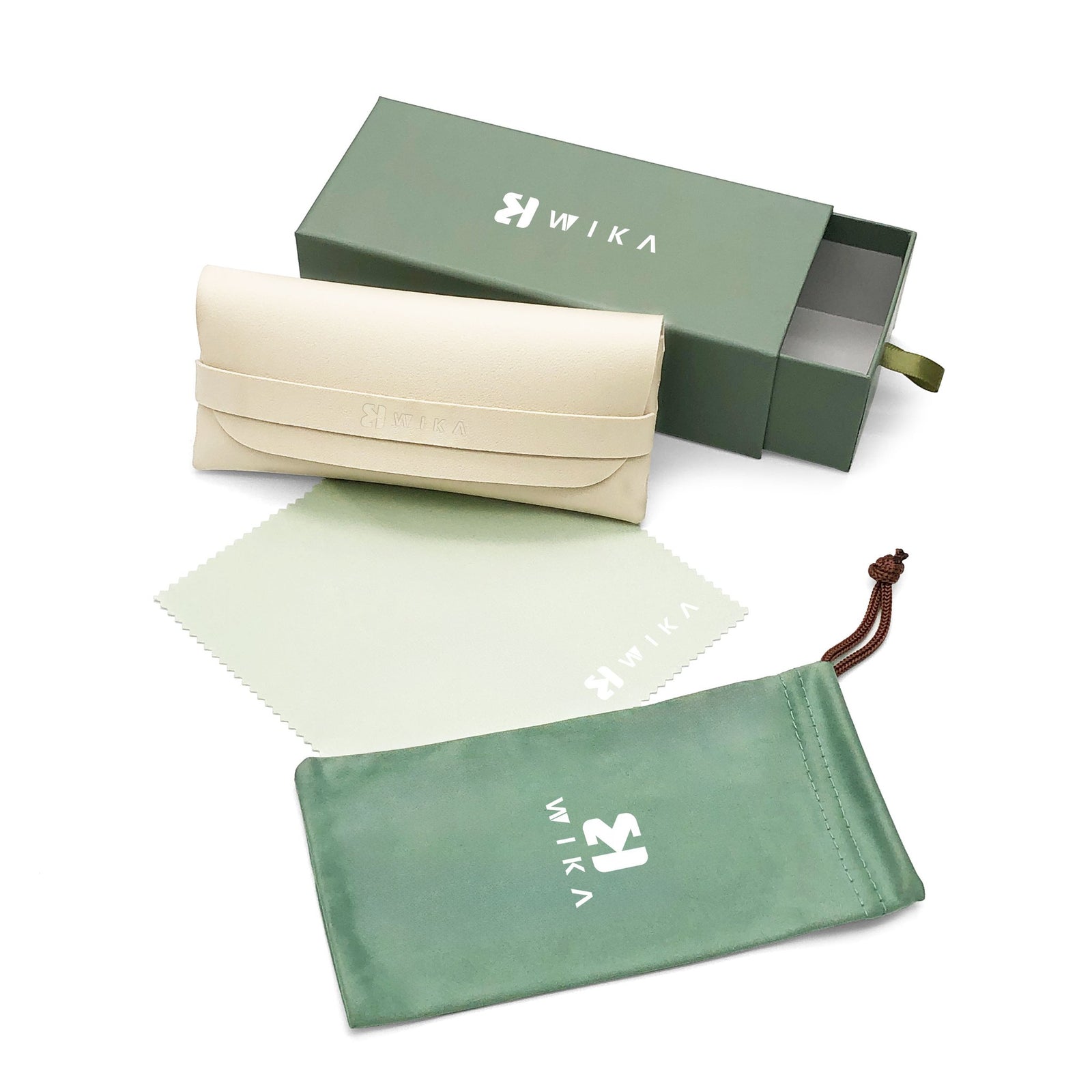 Custom Sage Green Soft Pouch Eyewear Packaging Set | Image 7 | WIKA Packing