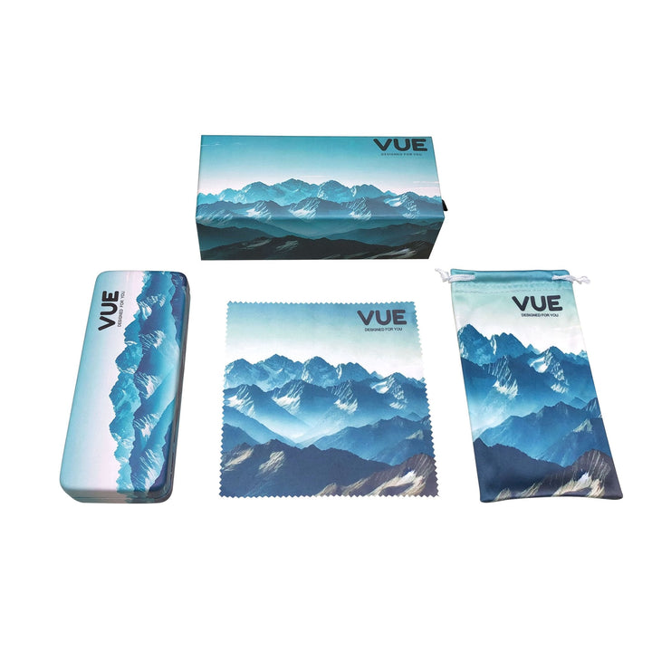 Custom eyewear packaging set with hard case, soft pouch, cloth and printed box
