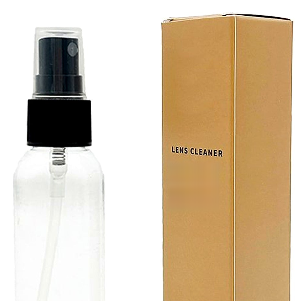Detail crop of a clear spray bottle head beside a kraft-colored LENS CLEANER box