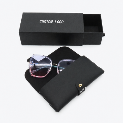 Black roll-up eyewear case shown open with eyewear and CUSTOM LOGO placement