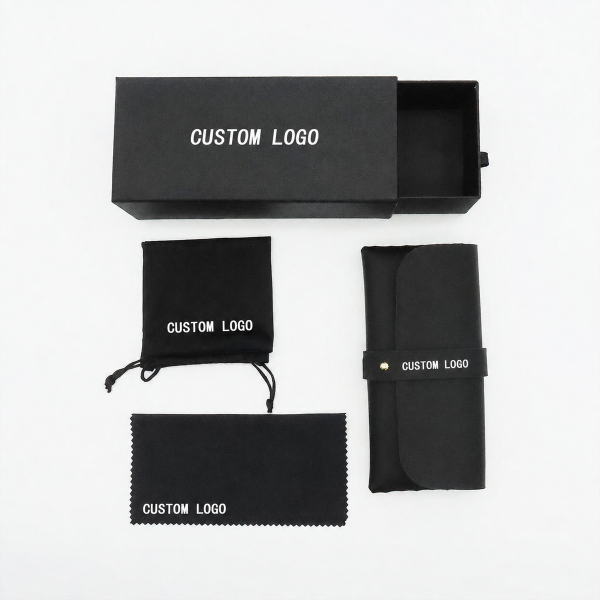Black roll-up eyewear packaging set with box, pouch, cloth, case and CUSTOM LOGO placements