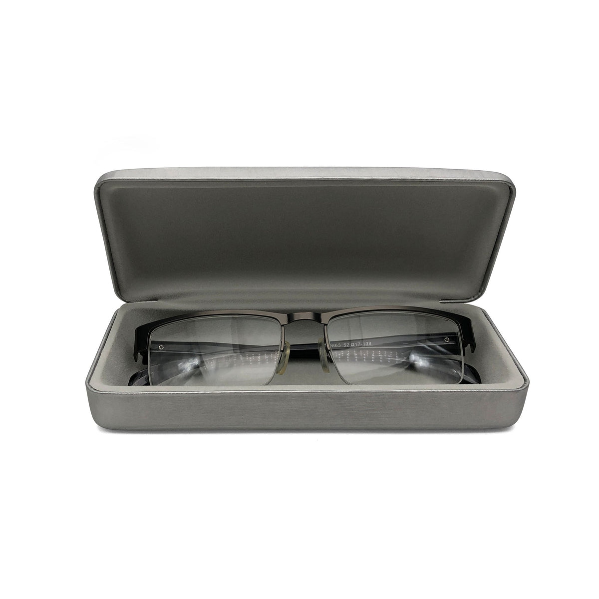 Silver-gray rectangular eyewear case open with a pale interior and eyeglasses inside