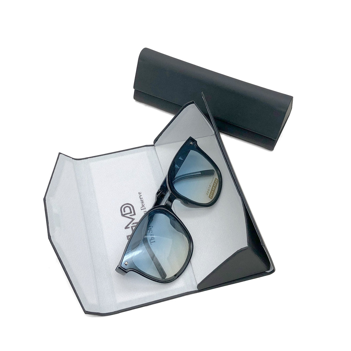 Custom Envelope Flap Glasses Case opened flat in black with eyewear and pale interior visible