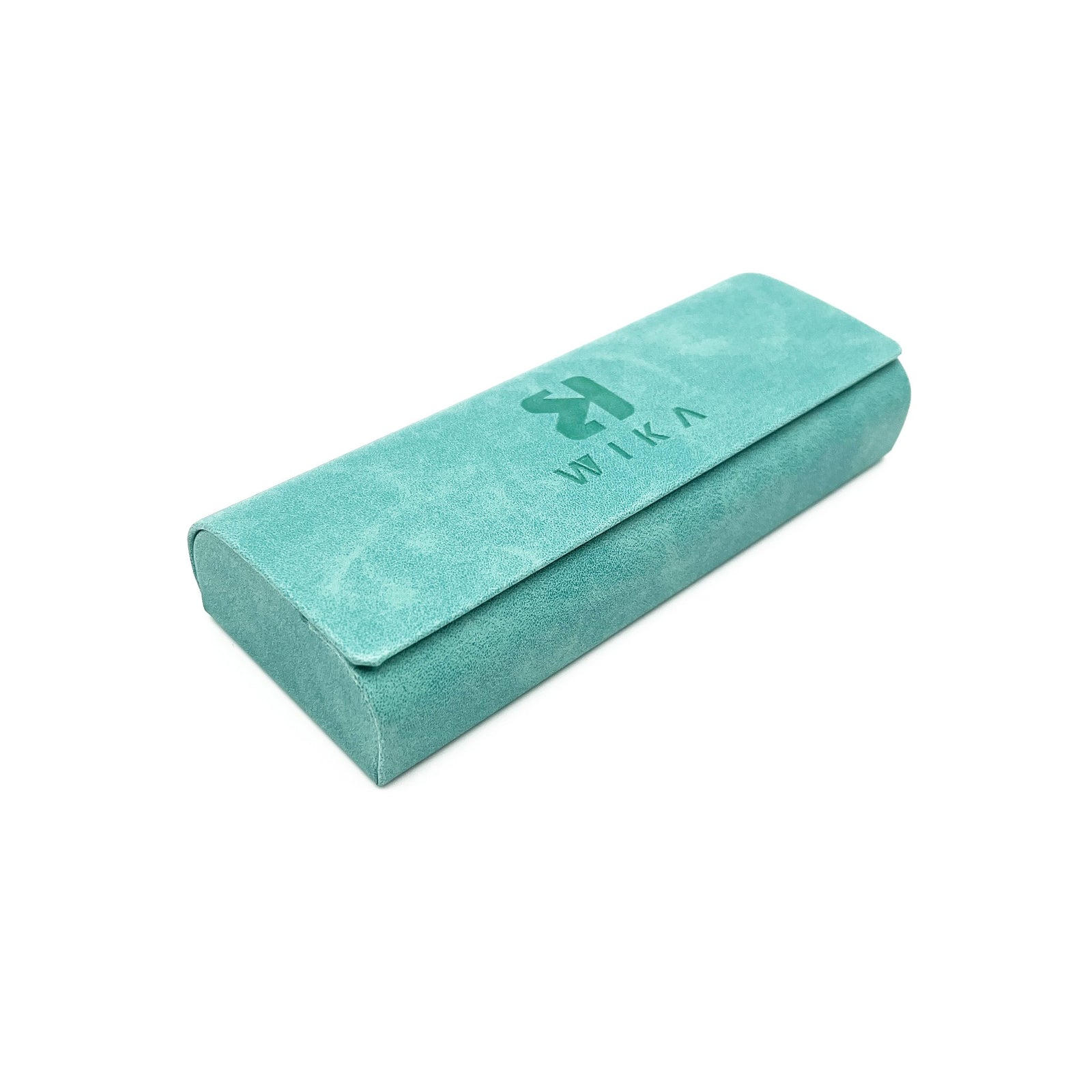 Closed mint foldable glasses case with WIKA logo on the outer panel.