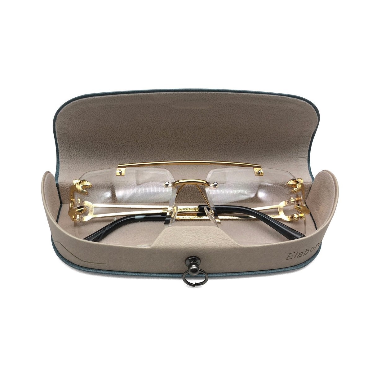 Custom Two-Tone Glasses Case with Ring Detail, Open taupe-and-brown case holding one pair of eyeglasses; pale lining, side flaps and ring pull are visible