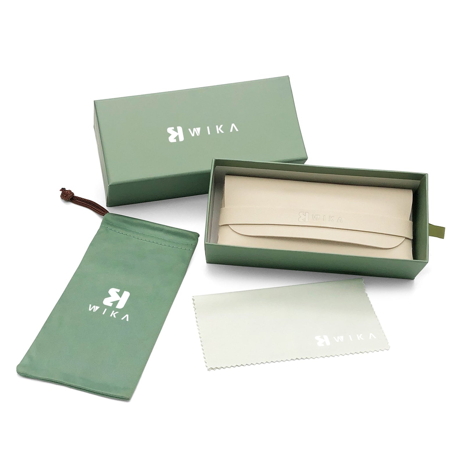 Custom Sage Green Soft Pouch Eyewear Packaging Set | Image 6 | WIKA Packing