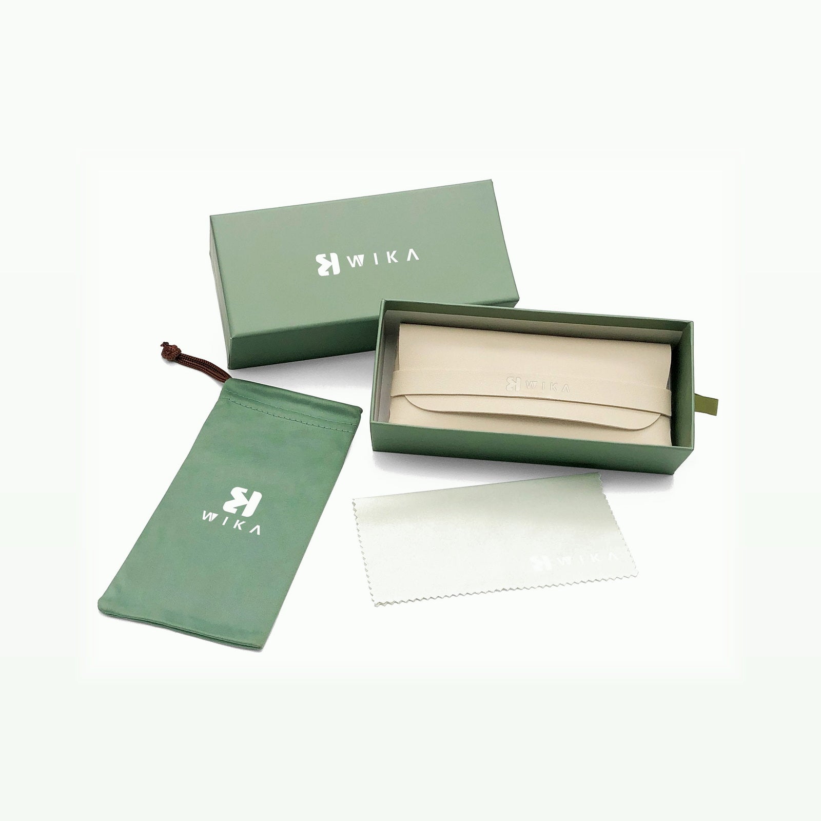 Custom Sage Green Soft Pouch Eyewear Packaging Set