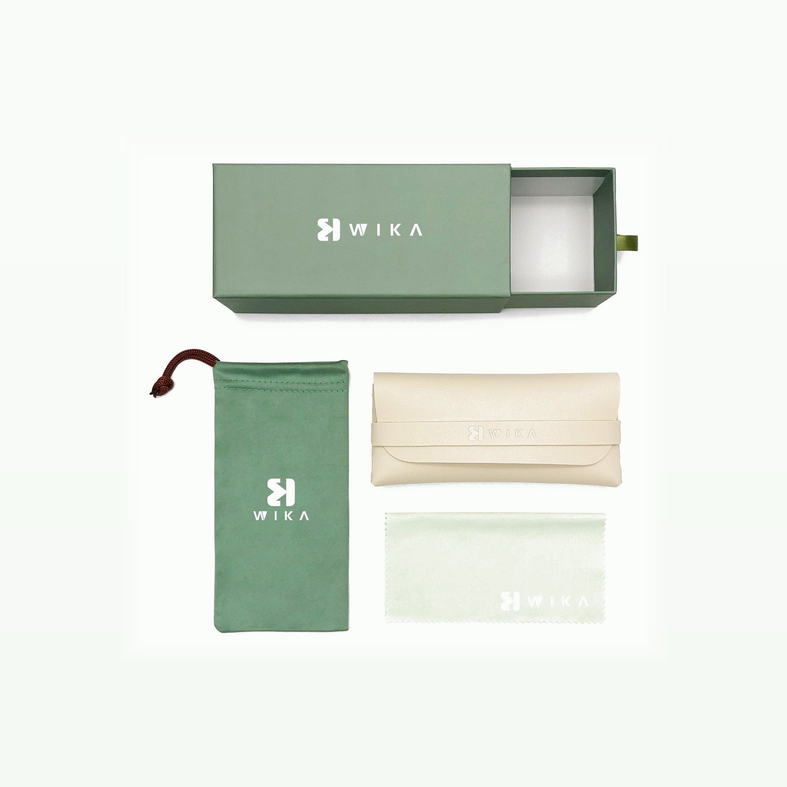 Custom Sage Green Soft Pouch Eyewear Packaging Set
