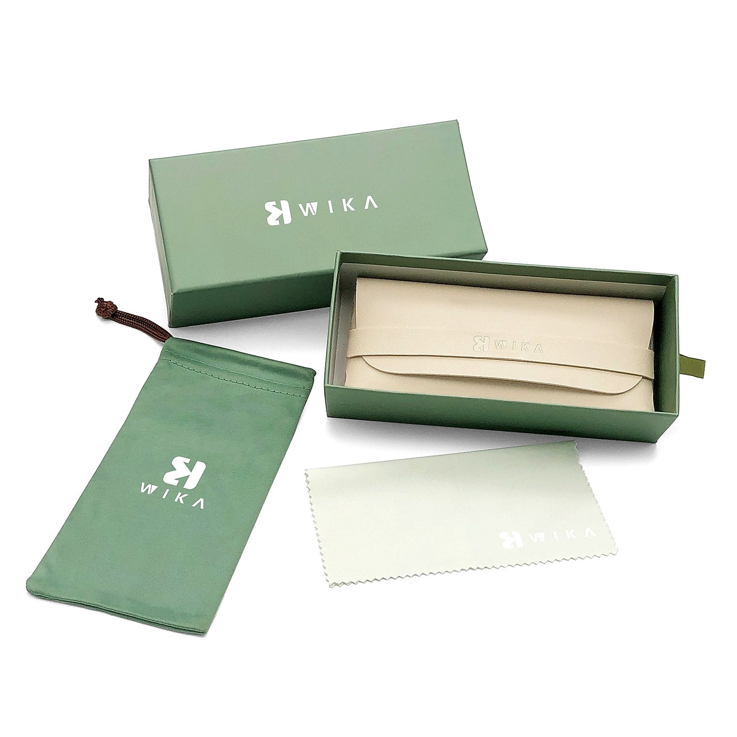 Custom Sage Green Soft Pouch Eyewear Packaging Set