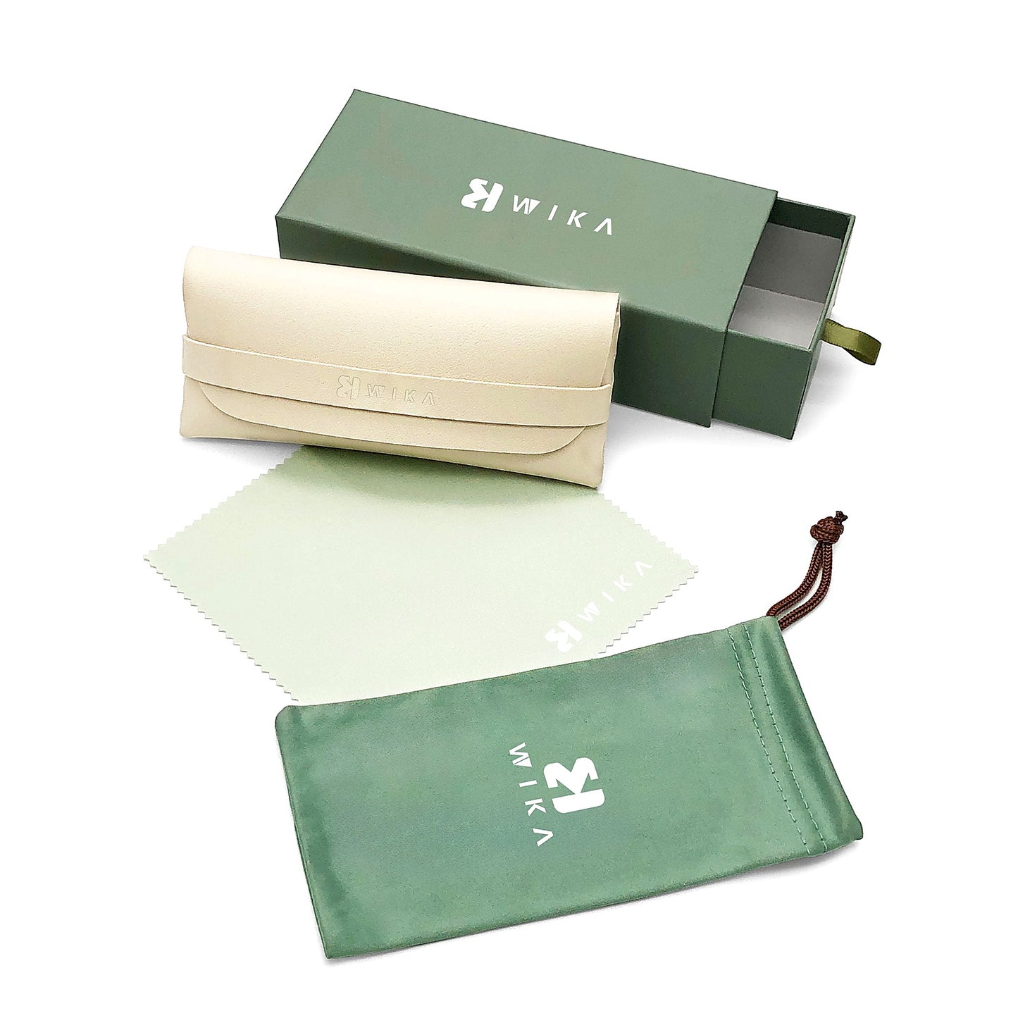 Custom Sage Green Soft Pouch Eyewear Packaging Set