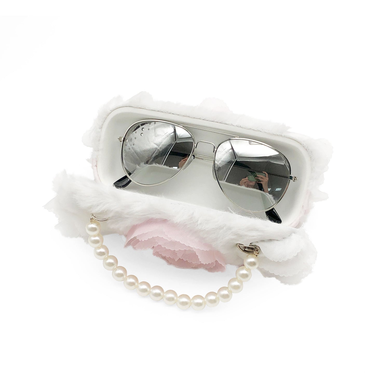 White Pearl Flower Kids Sunglasses Case — open case view