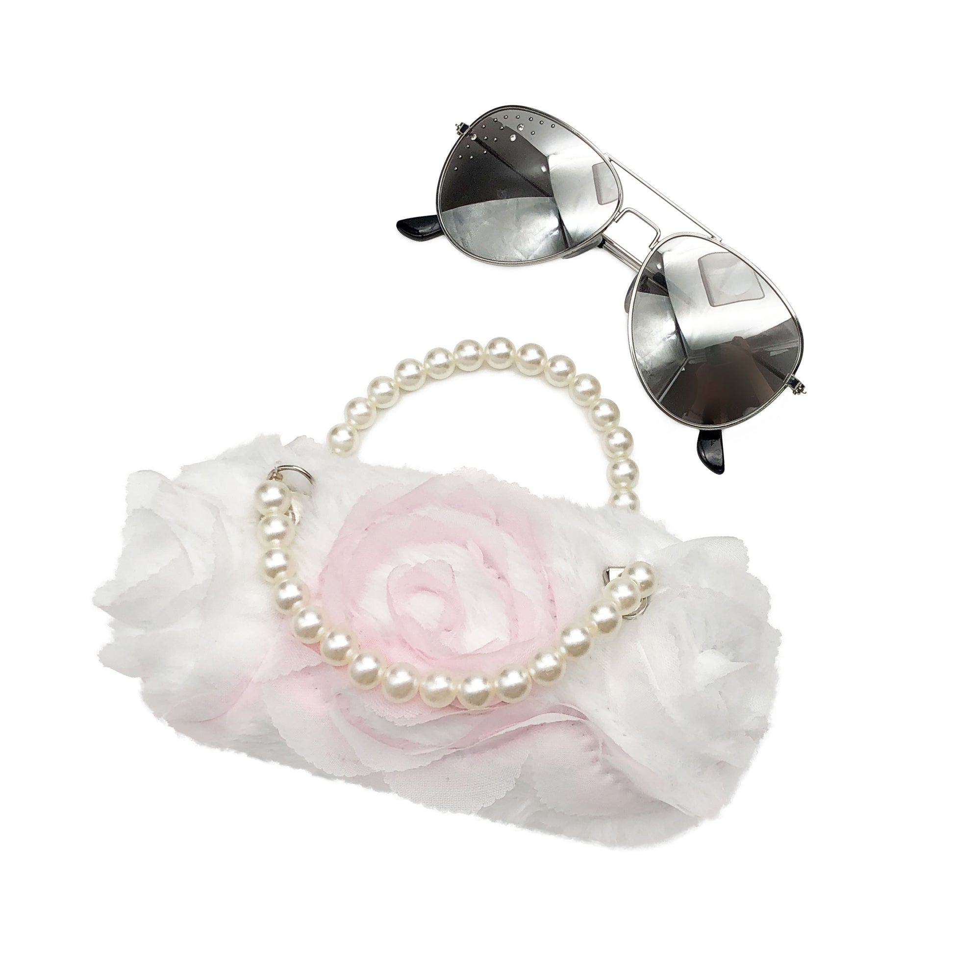 White Pearl Flower Kids Sunglasses Case — detail view