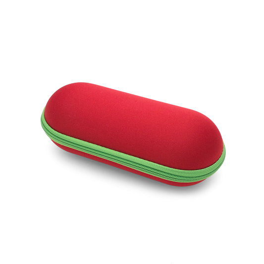 Angled view of a red glasses case with green zipper