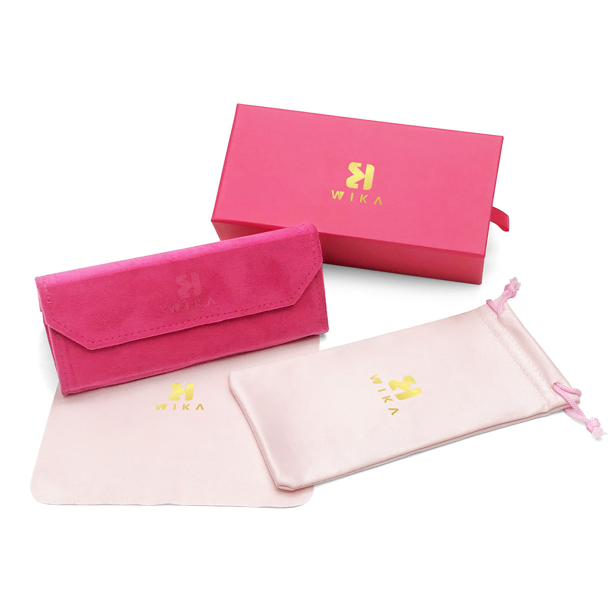 Angled pink eyewear packaging set with pouch and cloth