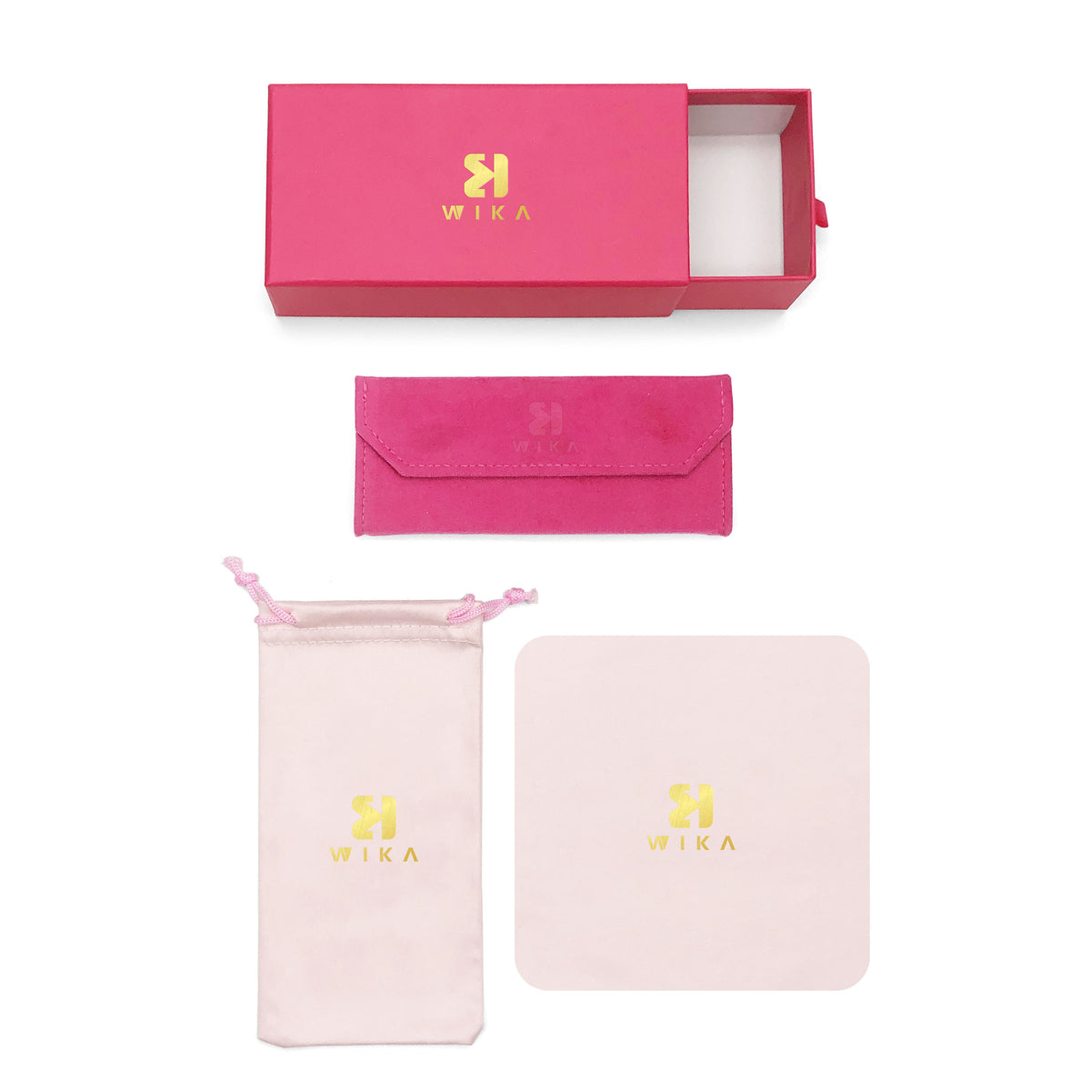 Pink drawer box, flap case, pouch and cloth in a flat lay