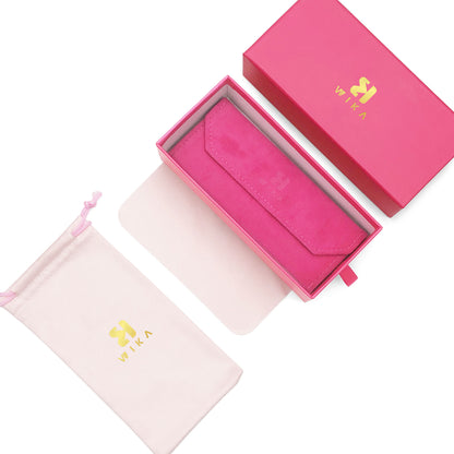 Angled close view of the case inside the pink box