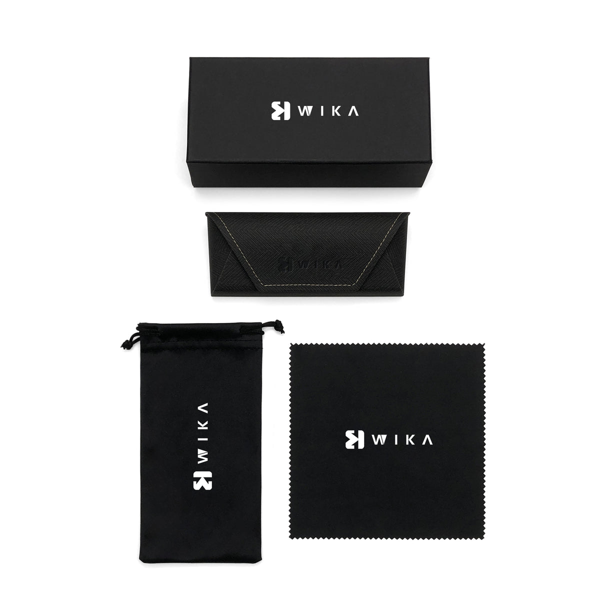 Black eyewear box, envelope case, pouch and cloth, flat lay