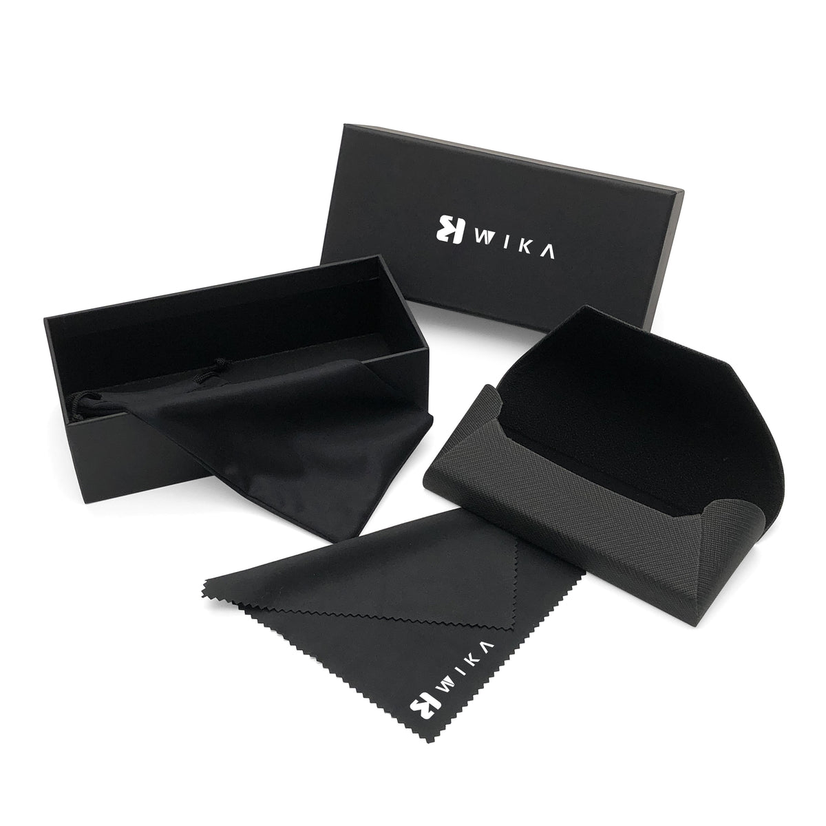 Open black flap case beside the box and accessories