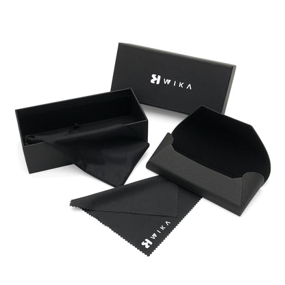 Open black flap case beside the box and accessories