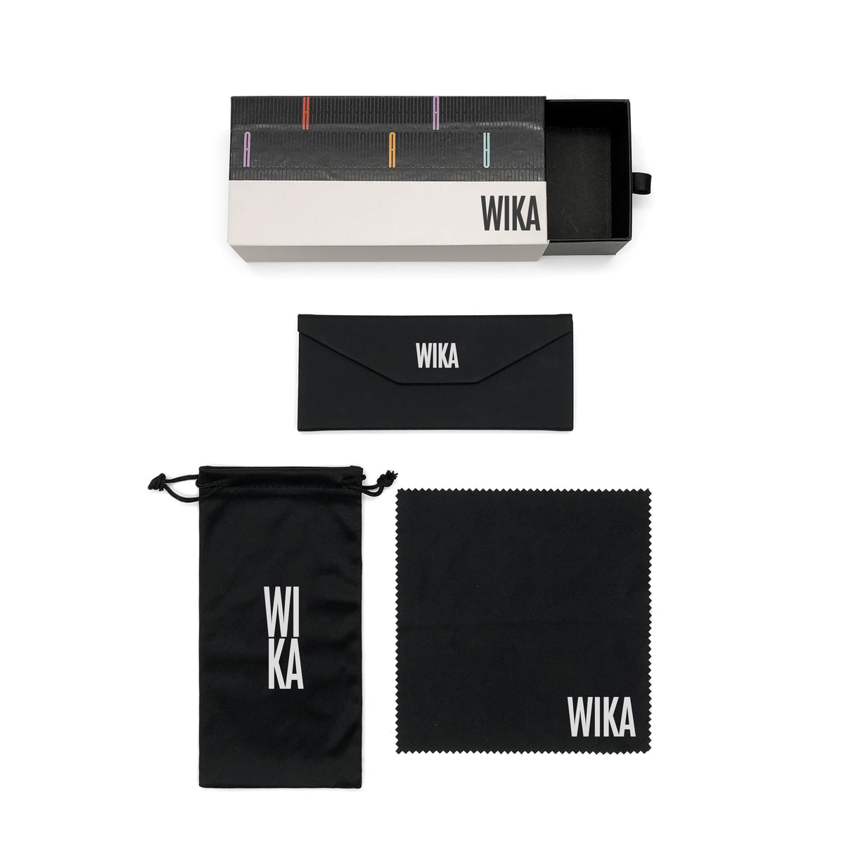 Printed drawer box with black case, pouch and cloth