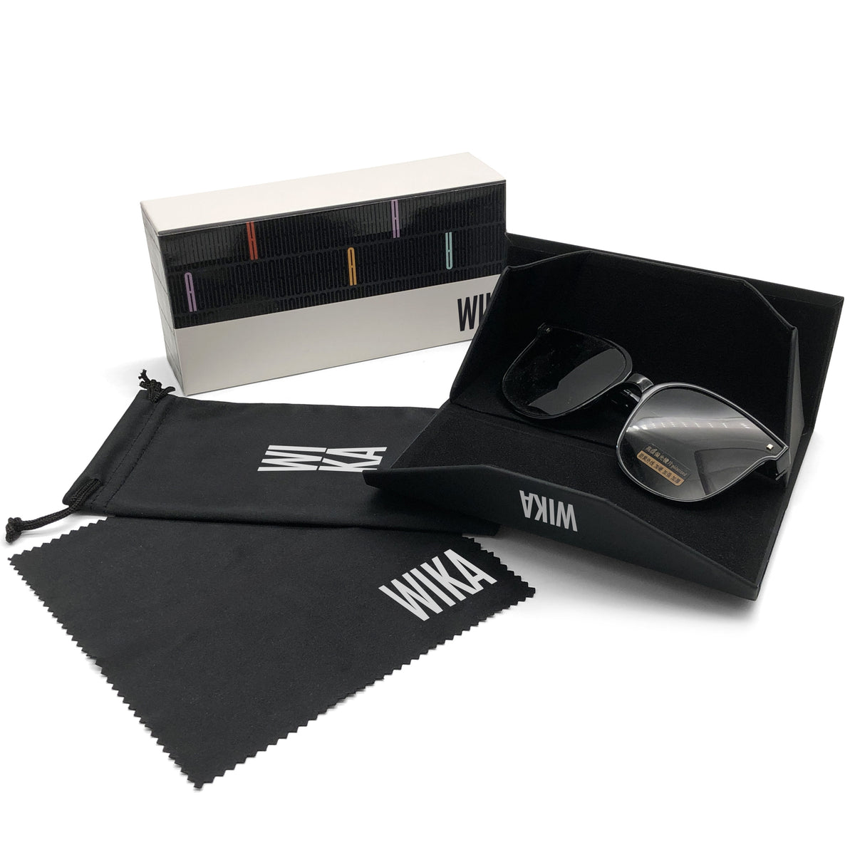 Open printed PU eyewear case with photography props, drawer box, pouch and cloth; eyewear not included