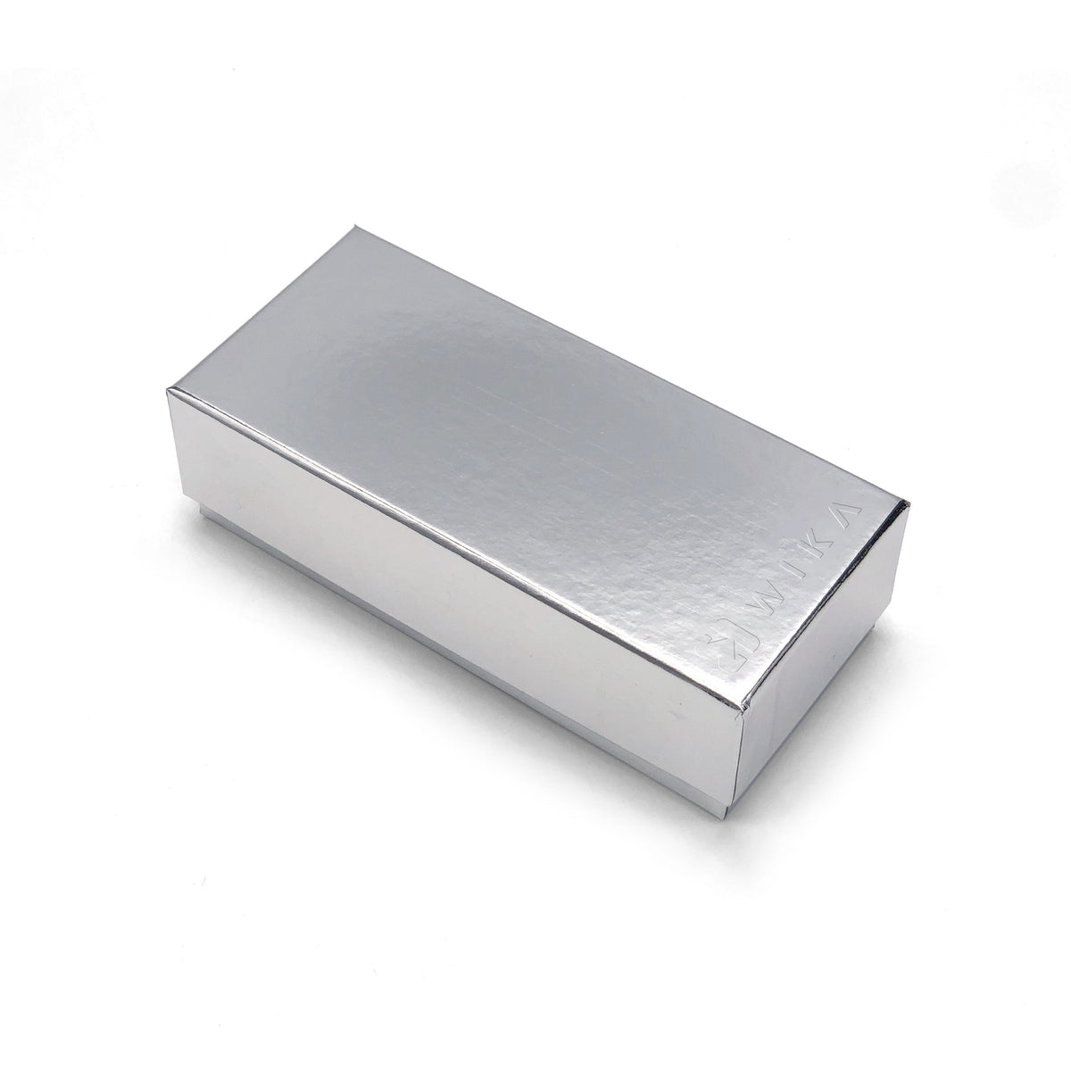 Angled silver-finish packaging box with lid closed