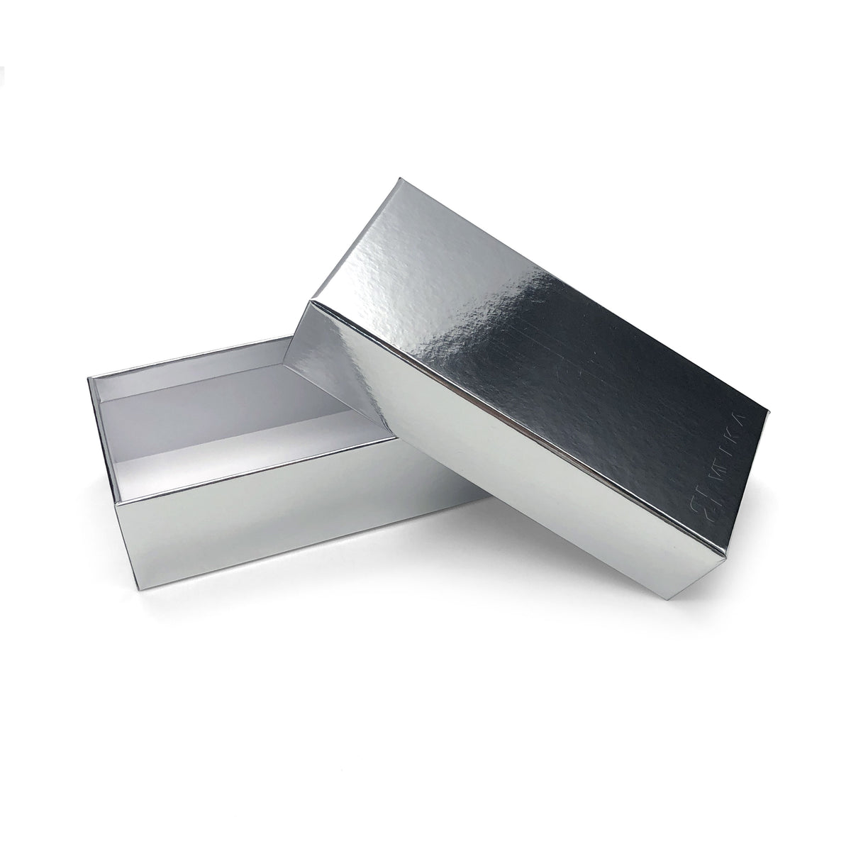 Open silver-finish box with its lid lifted aside