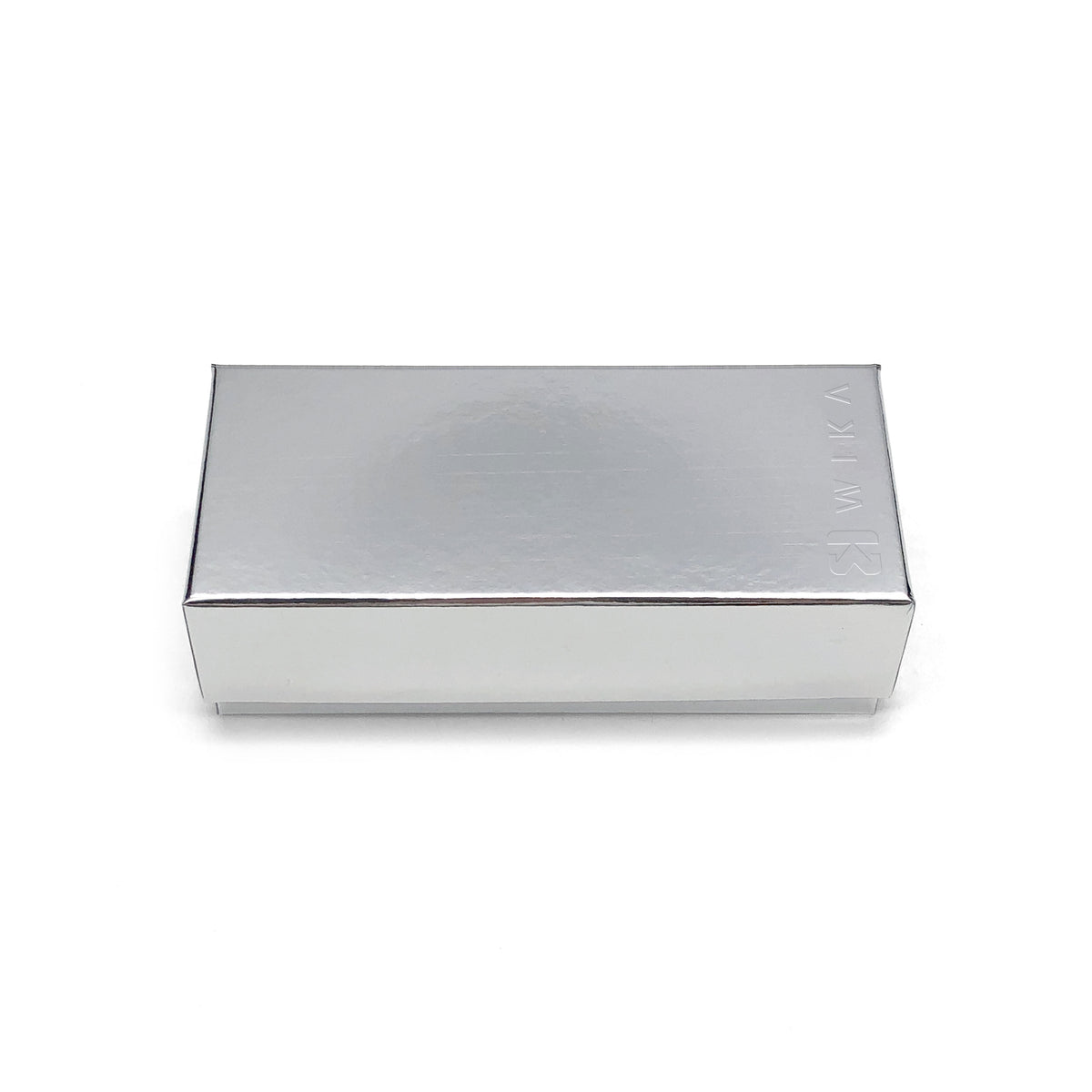 Closed silver-finish rectangular packaging box, front view