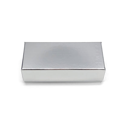 Closed silver-finish rectangular packaging box, front view