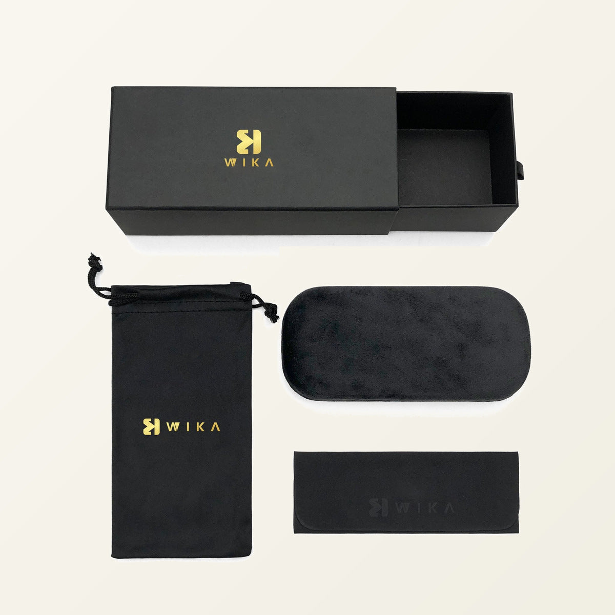 Custom WIKA eyewear packaging set with drawer box, glasses case, drawstring pouch and soft sleeve